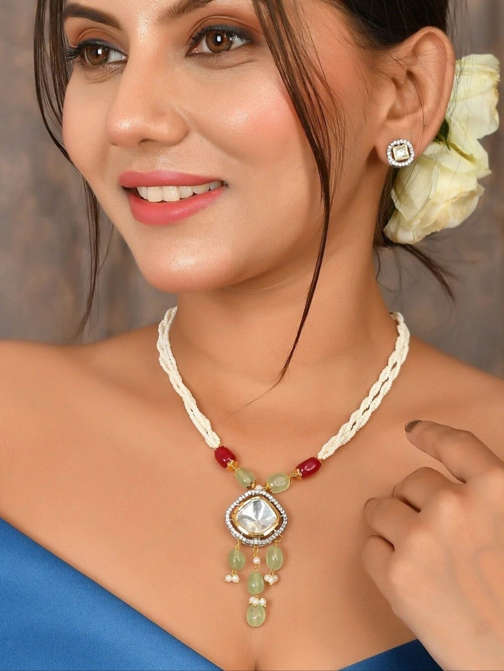 Gold Plated Kundan Pearl Beaded Pendant Necklace Earrings Jewelry Set